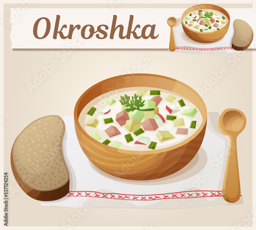 Okroshka vector icon. Russian cold soup with cucumber, meat, potato cartoon illustration