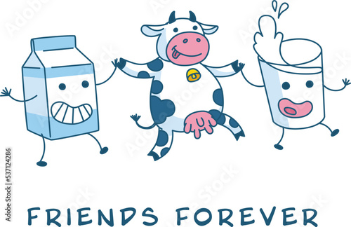 Funny cartoon cow and milk glass and milk carton characters dancing together vector illustration isolated on white background