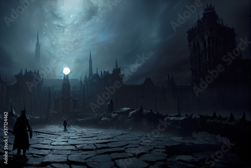 Fantasy night dark landscape, night gloomy castle, ancient dark city. 3D illustration