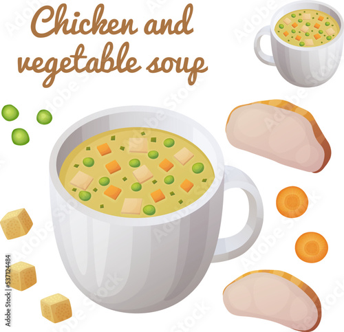 Chicken vegetable soup in a cup cartoon icon. Bullion with chicken meat, green peas, carrot cubes and croutons vector illustrationisolated on white background