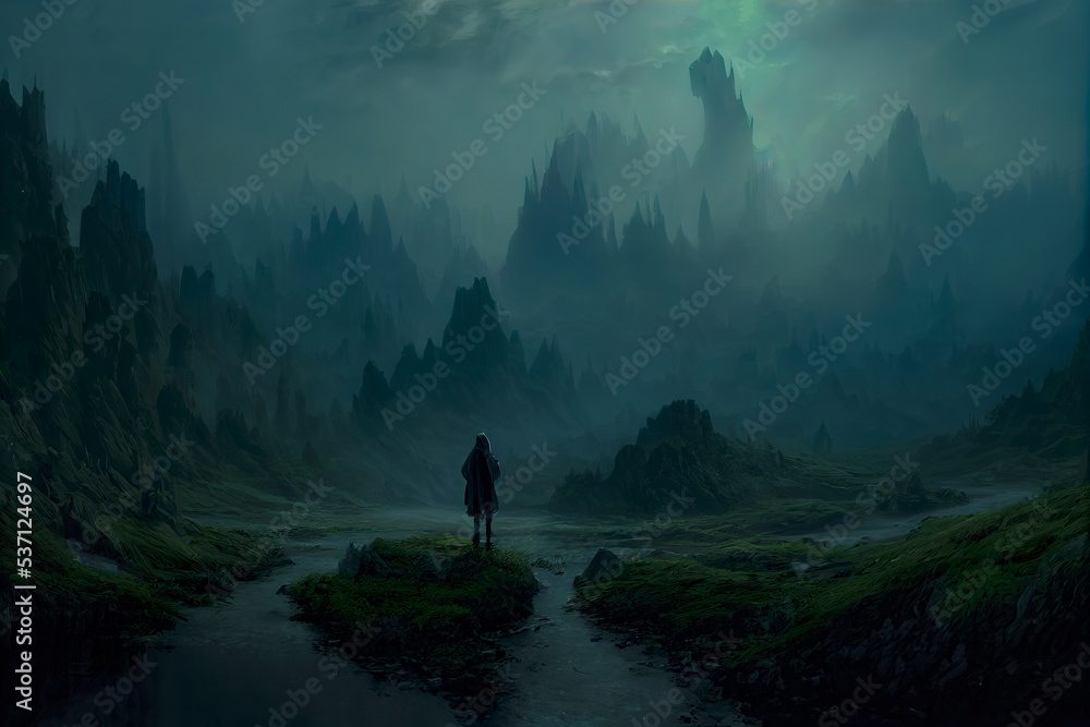 Fantasy dark landscape, mountains and river, forest, moonlight, neon, radiation. 3D illustration