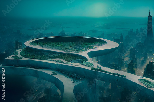 Futuristic fantasy night dark city with round bridge. View from above. 3D illustration