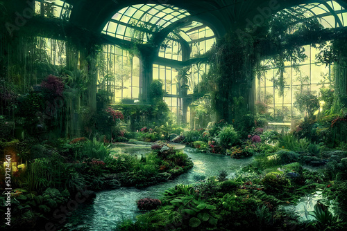 Majestic fantasy interior  botanical garden. 3D illustration