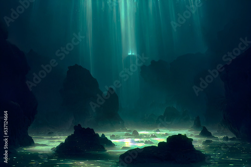 Fantasy night dark landscape, moonlight, neon, depth underwater landscape. 3D illustration