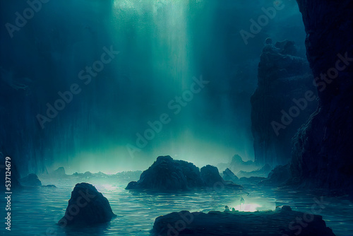 Fantasy night dark landscape, moonlight, neon, depth underwater landscape. 3D illustration © Terablete