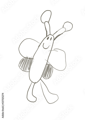 Dibujo infantil a mano de una mariposa con sonrisa