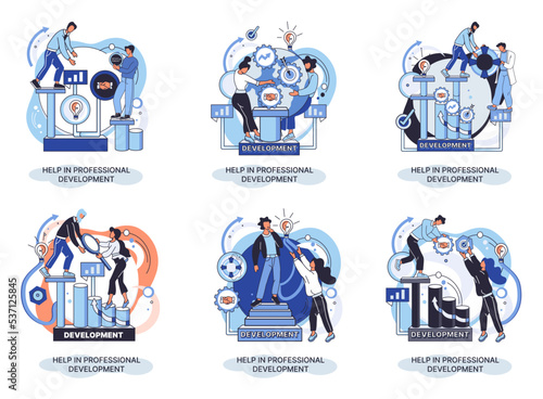 Help in professional development metaphor. Qualified employee training program. Refresher course. Human resource management organization. Business education workshop. School personality growth in team