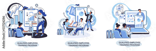 Qualified employee training program. Refresher course metaphor. Help in professional development. Learning for software development and growth. Agile project management team project life scrum meeting