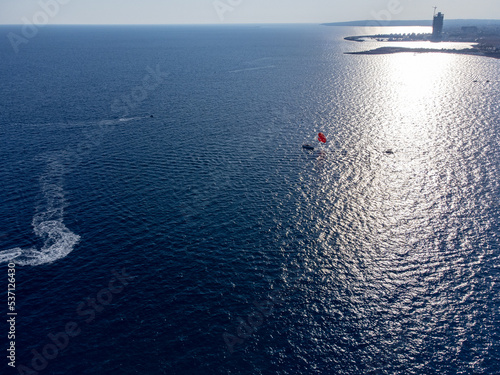 Aerial panoramic view on blue crystal clear water on Mediterranean sea near Nissi beach  Ayia Napa  Cyprus
