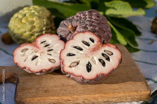 Cherimoya or custard apple tasty tropical exotic fruits close up