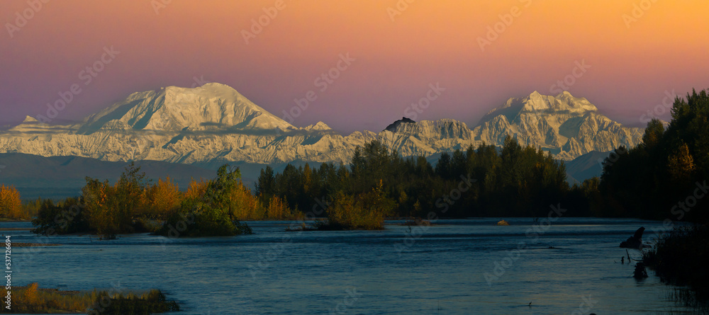 Susitna River with Mt Foraker and Mt Hunter, AK, and autumn colors