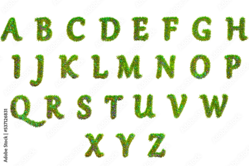 Christmas alphabet made of fir branches with garland light. English alphabet from a Christmas tree, 3d render. Christmas font. Transparent background, PNG file Christmas alphabet made of fir branches with garland light. English alphabet from a Christmas tree, 3d render. Christmas font. Transparent background, PNG file