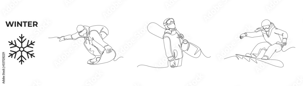 Single one line drawing winter activities and sport set. Happy young boy with snowboarders in winter. Man wearing outfit riding snowboard. Continuous line draw design graphic vector illustration.