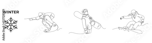 Single one line drawing winter activities and sport set. Happy young boy with snowboarders in winter. Man wearing outfit riding snowboard. Continuous line draw design graphic vector illustration.