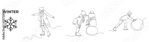 Single one line drawing winter activities and sport set. Happy man with winter clothes, Young boy with snowman and rolling snowball in winter. Continuous line draw design graphic vector illustration.
