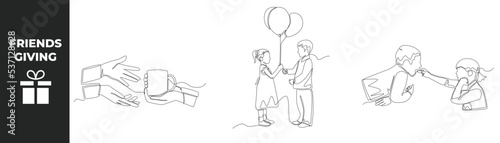 Single one line drawing friends giving concept set. Hand giving a cup of coffee to another hand, little boy gives balloons to his friend and little sister feeds her boy food. Vector illustration.