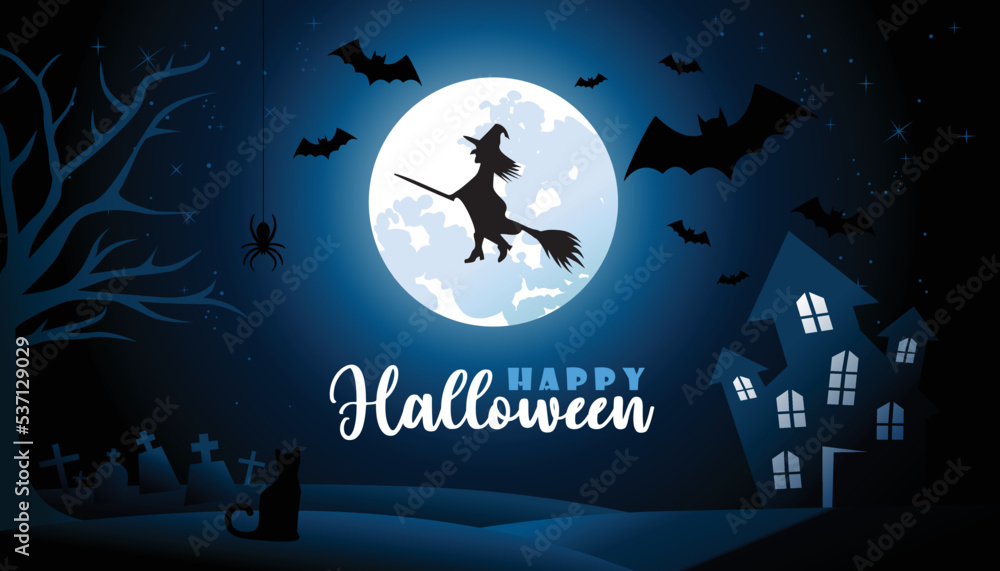 Halloween Dark Background - Happy halloween day Banner. Night scene witches on a broomstick