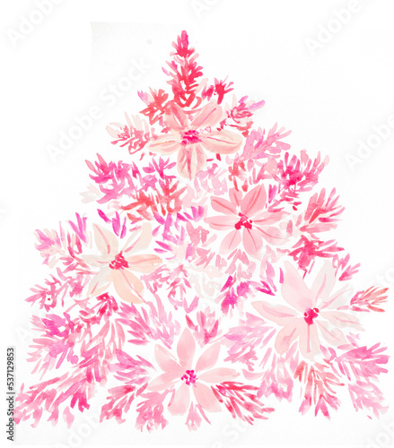 Pink Watercolor Christmas tree illustration with flowers