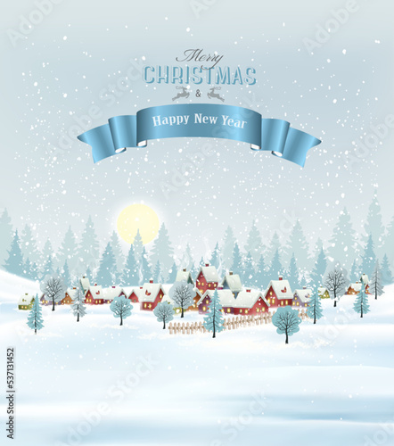 Holiday christmas background with christmas village and winter landscape. Vector