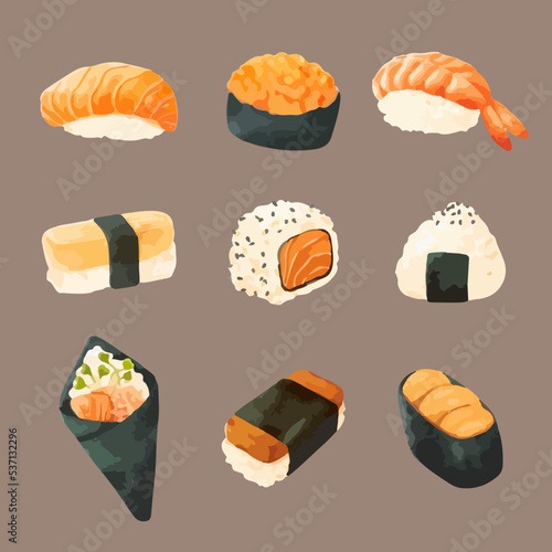 Set of Watercolor Sushi Vector Illustration