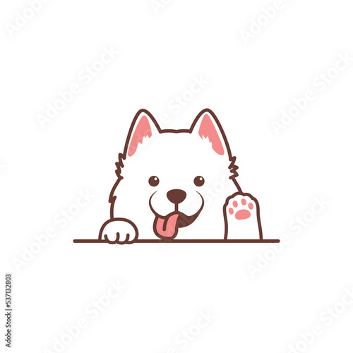 Cute samoyed dog waving paw cartoon, vector illustration