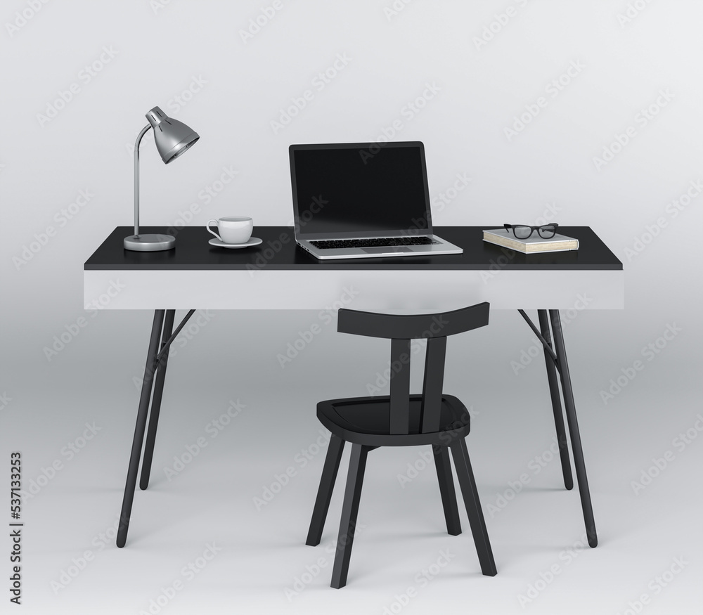 Fototapeta premium 3D rendering of Studio with computer, chair and computer desk. On white background