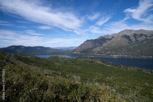 View of the forest, blue water Gutierrez lake and Catedral hill in Bariloche, Patagonia Argentina. © Gonzalo