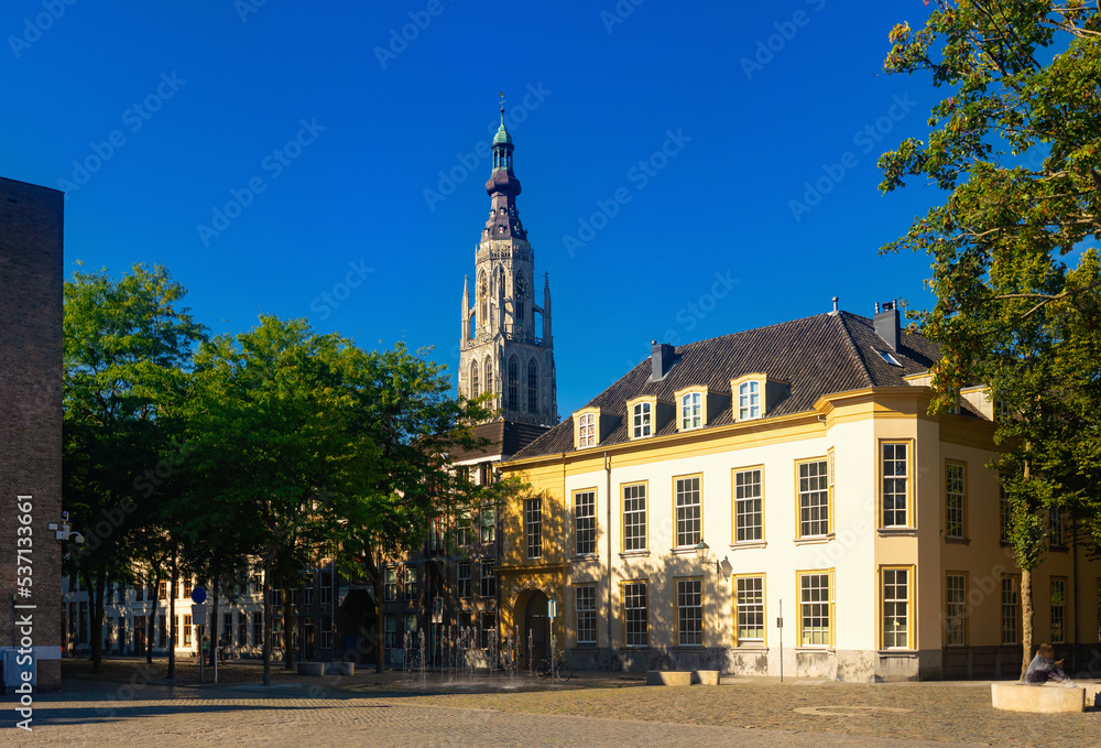 Streets of Breda, view of Grote Kerk tower (Onze-Lieve-Vrouwekerk) over
