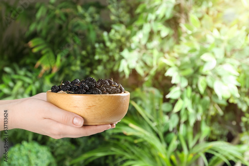 Woman holding bowl of fresh ripe black mulberries on blurred natural background, closeup. Space for text