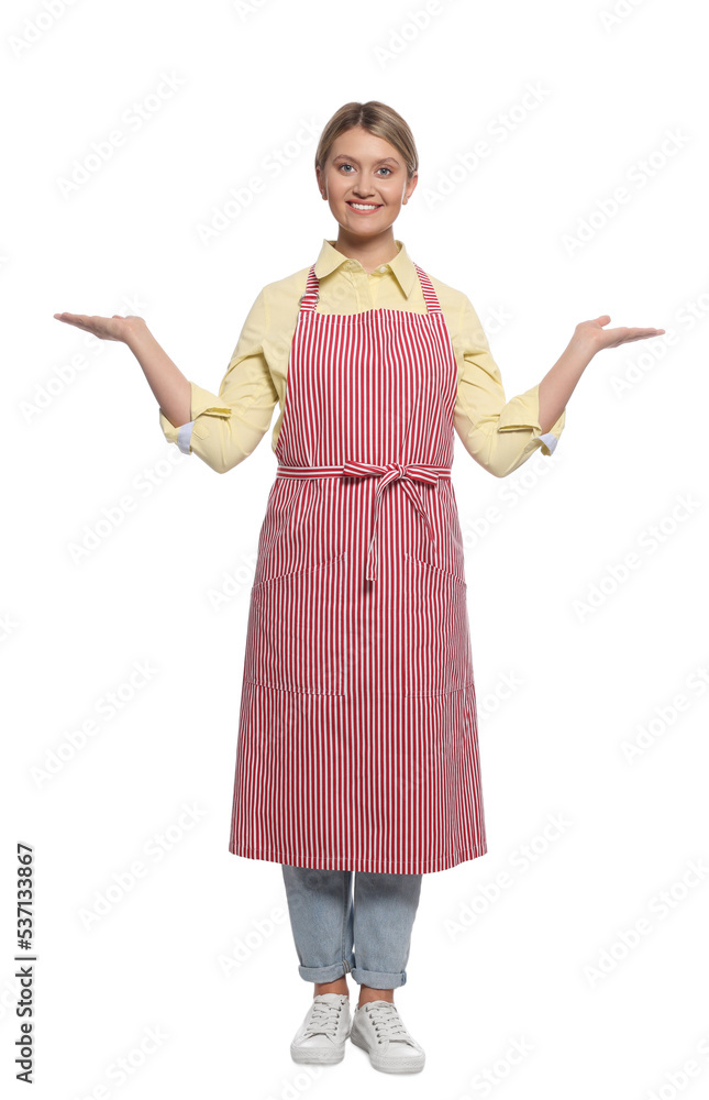 Beautiful young woman in clean striped apron on white background Beautiful young woman in clean striped apron on white background