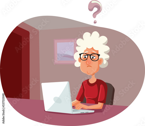 Senior Woman Not Knowing how to Operate the Computer Vector Cartoon. Stressed granny unable to use the laptop for internet transactions and entertainment
