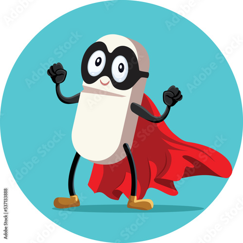
Superhero Prescription Medicine Healing and Curing Vector Cartoon. Cheerful medication mascot helping with fast results 

