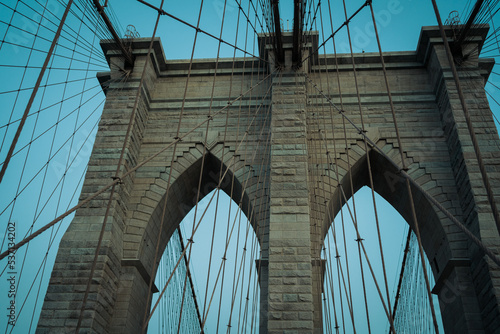 Architectural details of the Brooklyn Bridge, Manhattan, New York © jonbilous
