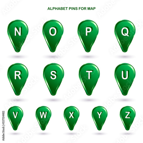 Icon set, pack 13 ALPHABET/LETTERS pins for map. Bright and sparkly green and white icons at transparent background