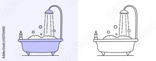 Bath with shower and bath foam. Soap bubbles and water jets from the shower. Flat vector illustration with outline.