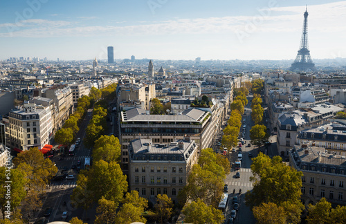 Picturesque panoramic view of Paris with Eiffel Tower from roof of Triumphal Arch, France © JackF