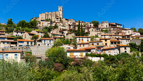 Picturesque view of small French village Eus surrounded by trees on hill © JackF