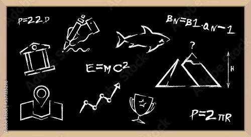 Black school board in a light wooden frame. Chalk board with school formulas. 3D realistic vector illustration.