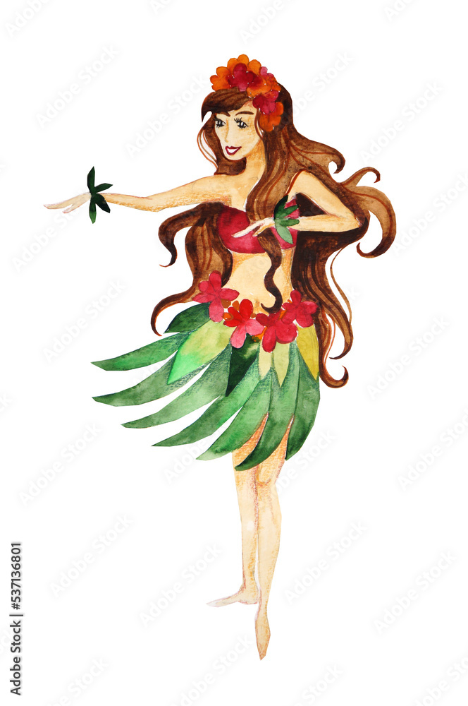 Watercolor hand drawn girl in hawaiian dance dress dancing with a bouquet of flowers Watercolor hand drawn girl in hawaiian dance dress dancing with a bouquet of flowers