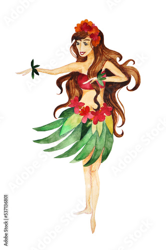 Watercolor hand drawn girl in hawaiian dance dress dancing with a bouquet of flowers