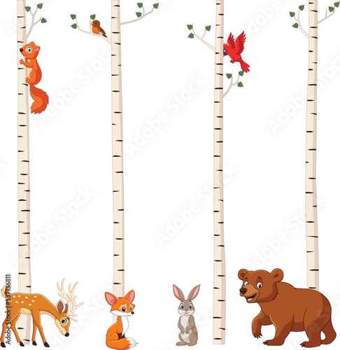 Cartoon forest animals with birch tree