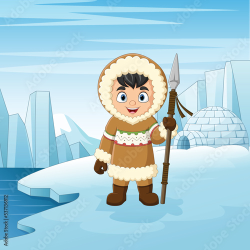 Cartoon little eskimo kid of north pole background