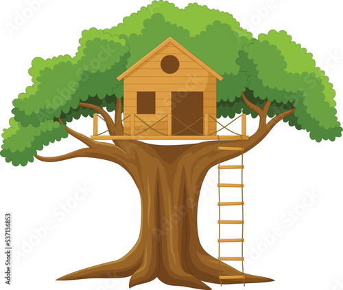 Cute tree house cartoon in the garden