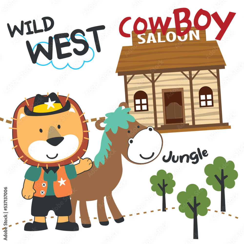vector illustration of Cute lion cowboy with lasso and and horse. Cartoon character for childrens book, album, baby shower, greeting card, party invitation, house interior. Vector stock illustration. vector illustration of Cute lion cowboy with lasso and and horse. Cartoon character for childrens book, album, baby shower, greeting card, party invitation, house interior. Vector stock illustration.
