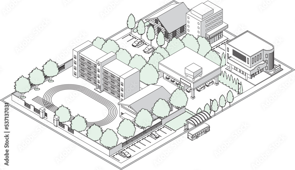 街並みの立体図. 都市の景観. 線画のイラスト.