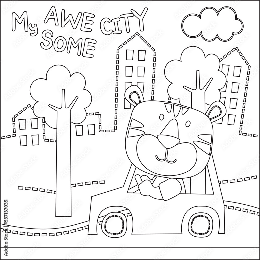 Naklejka premium Vector illustration of funy animal driving the white car. Childish design for kids activity colouring book or page.