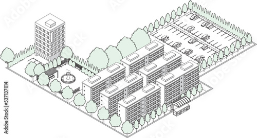 街並みの立体図. 都市の景観. 線画のイラスト.