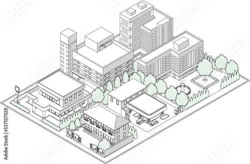 街並みの立体図. 都市の景観. 線画のイラスト.