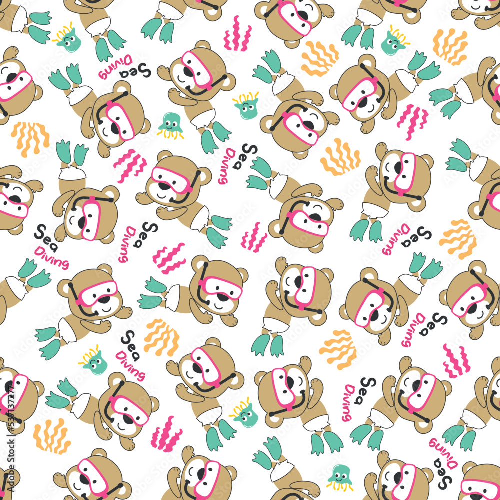 Fototapeta premium Cute animal in snorkel mask diving in the sea isolated on white background illustration vector Can be used for t-shirt print, vector childish background for fabric textile, and other decoration