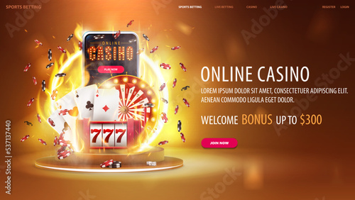 Online casino, yellow banner with smartphone, casino slot machine, Casino Roulette, playing cards, poker chips on gold podium with yellow neon ring on fire, 3d realistic vector illustration.